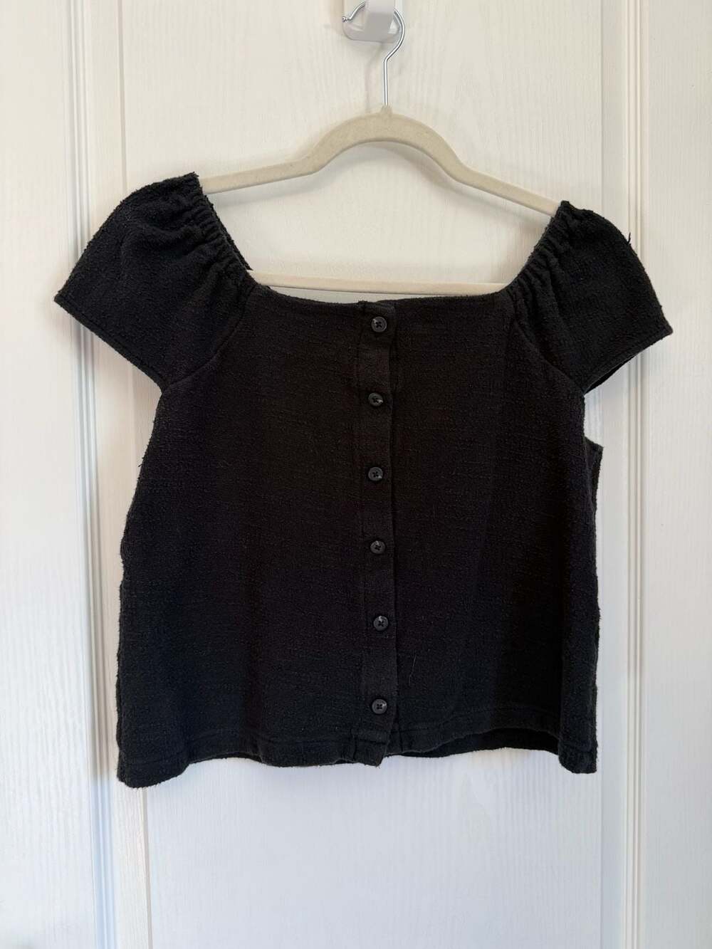 Madewell Texture & Thread Black Puff Sleeve Button-Front Crop Top Size S